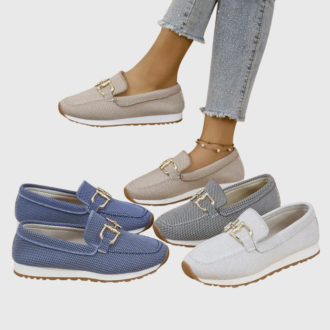 Beige casual slip on loafers with a textured upper and small front hardware detail