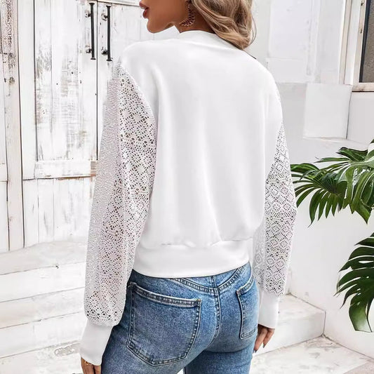 White bomber jacket with floral crochet lace sleeves, metal zip and stand up collar