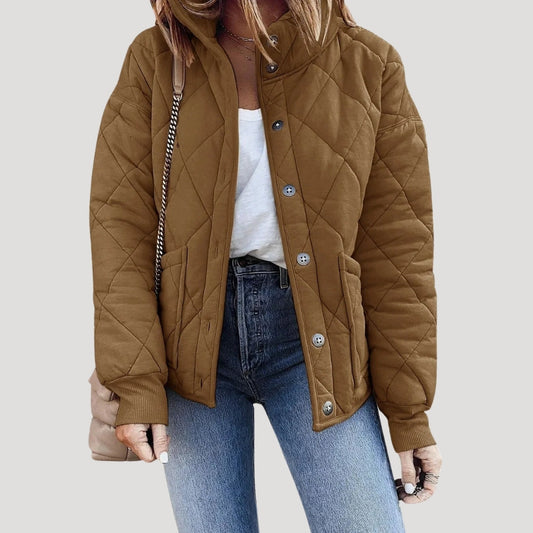 Black diamond quilted bomber jacket with button placket, elastic cuffs and side pockets