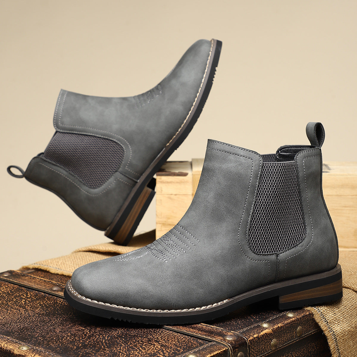 Men's Distressed Chelsea Boots in Grey