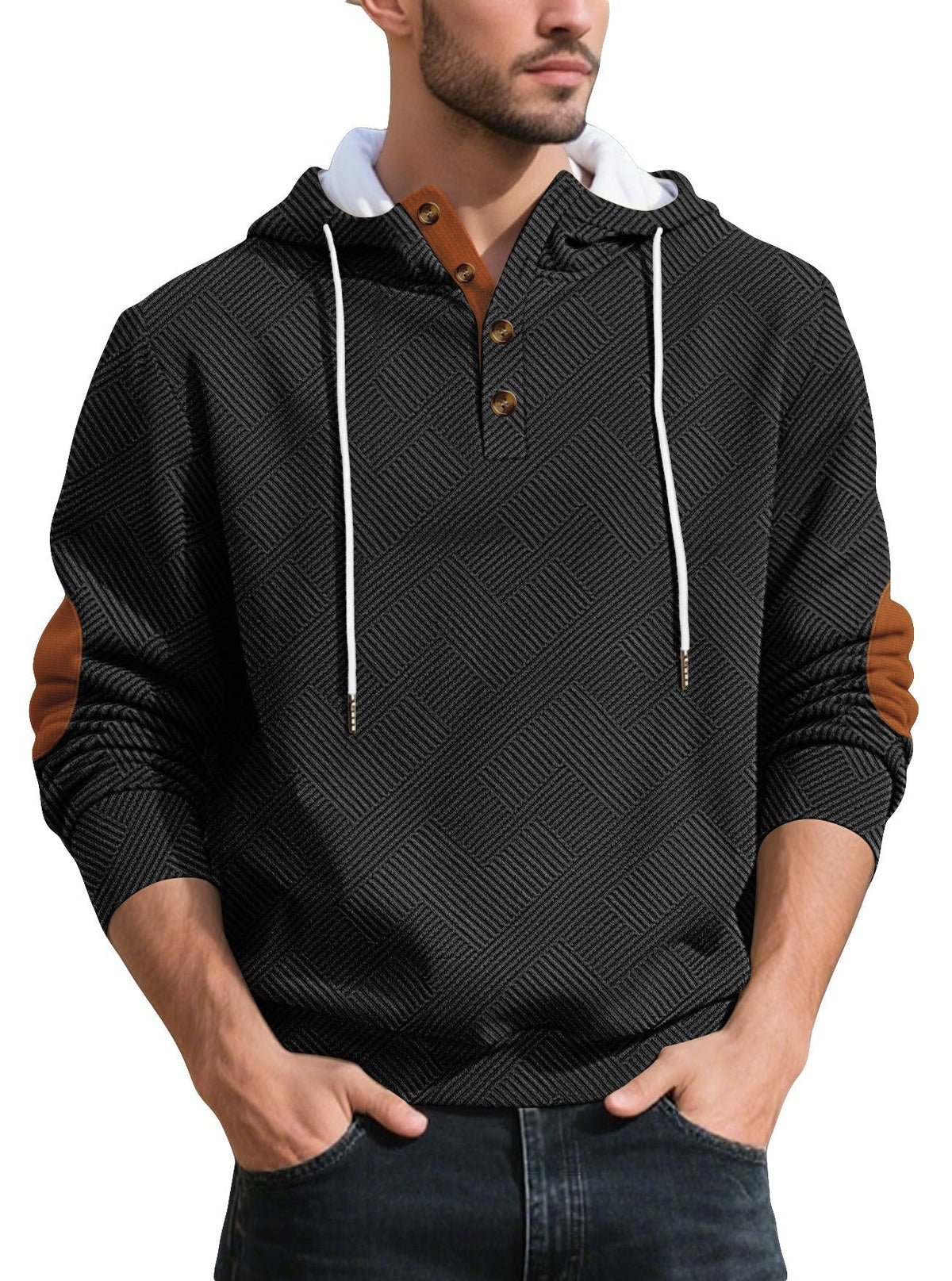 Men's Henley Button Hoodie in Black
