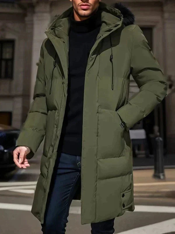 Men's Knee Length Puffer Winter Jacket in Army Green