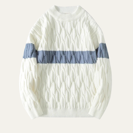 Men's Striped Cable Knit Sweater in White