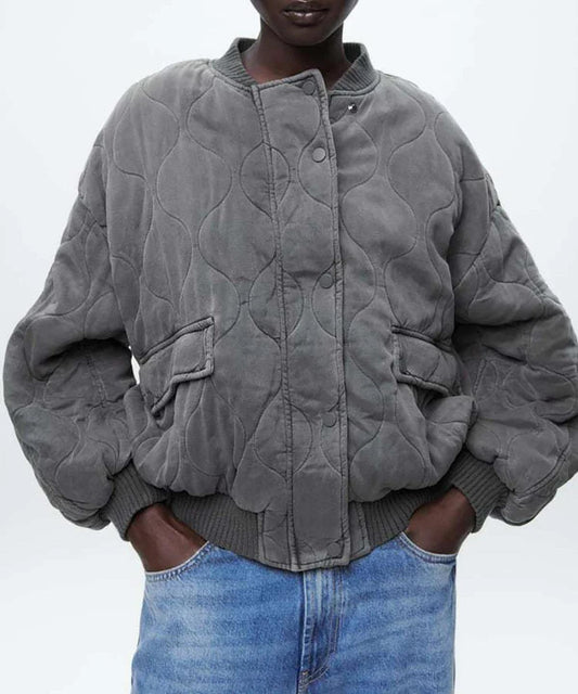 Grey oversized bomber jacket with long sleeves and a roomy relaxed shape
