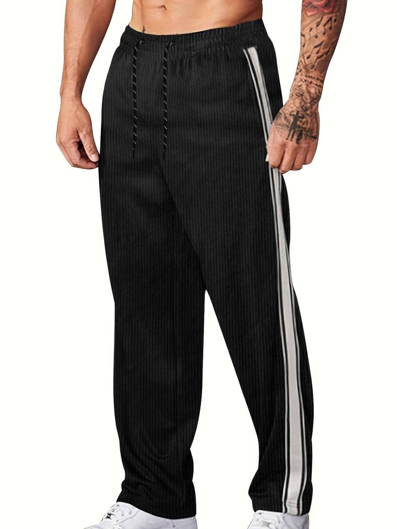 Men's navy ribbed knit wide leg joggers with side piping and drawstring waist