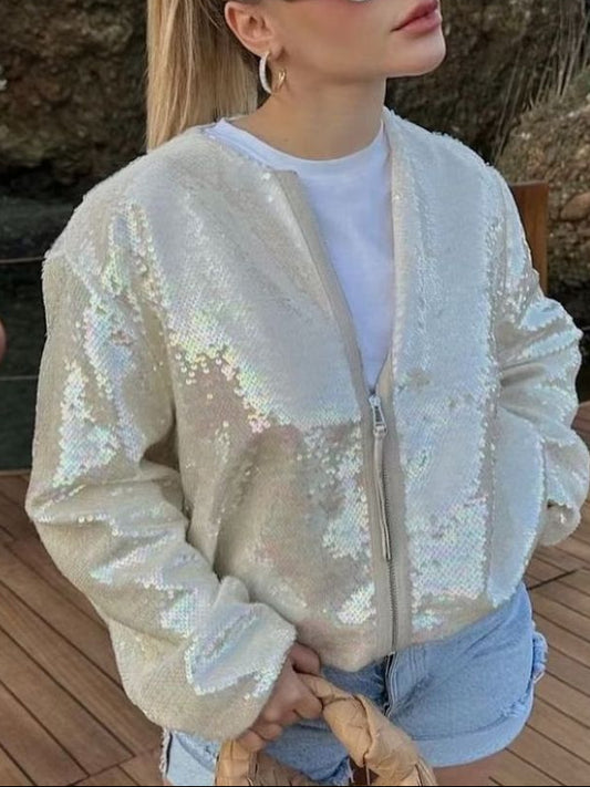 Cream sequin bomber jacket with long sleeves, round neckline and full length zip