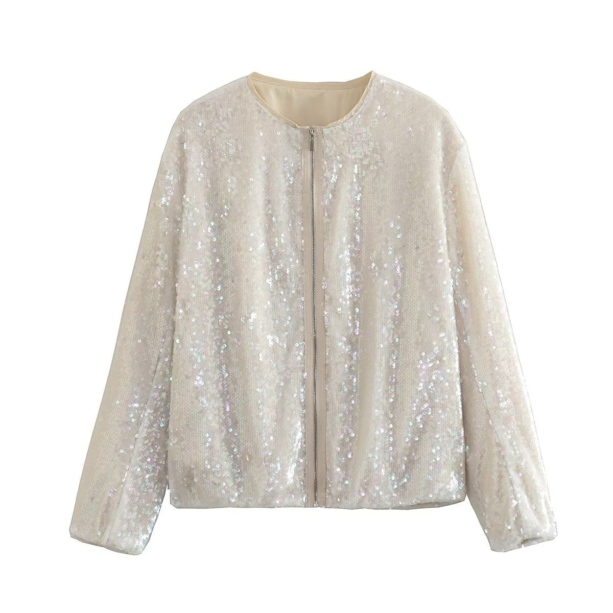 Cream sequin bomber jacket with long sleeves, round neckline and full length zip
