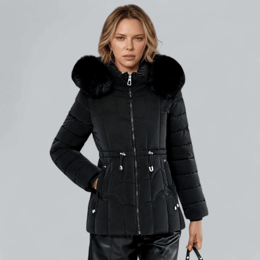 Pink tailored quilted parka with a faux fur hood and mid length cut