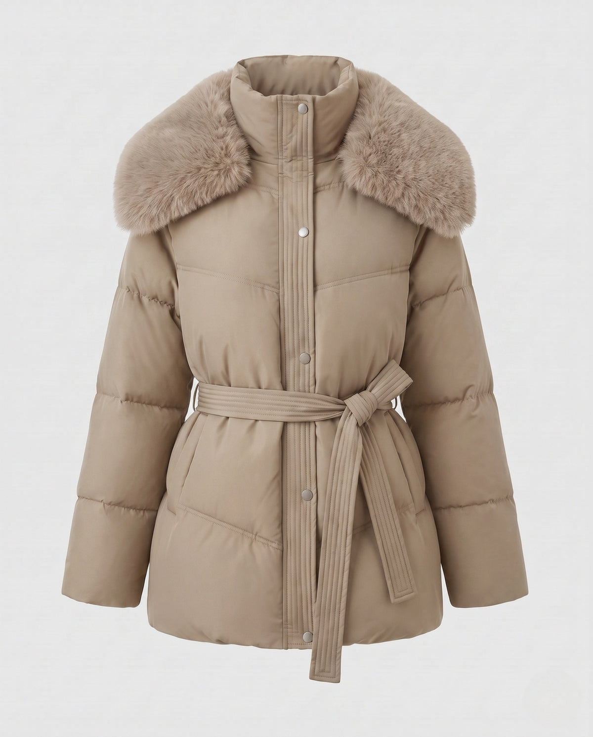 Women's Belted Puffer Winter Jacket in Beige