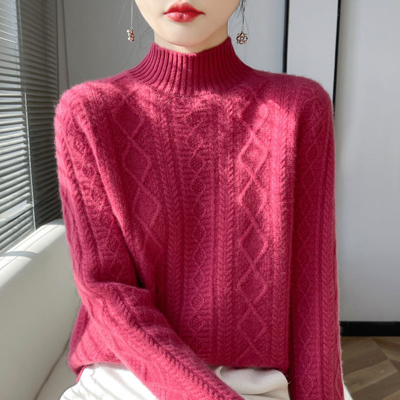 Women's Cable Knit Mock Neck Sweater in Raspberry
