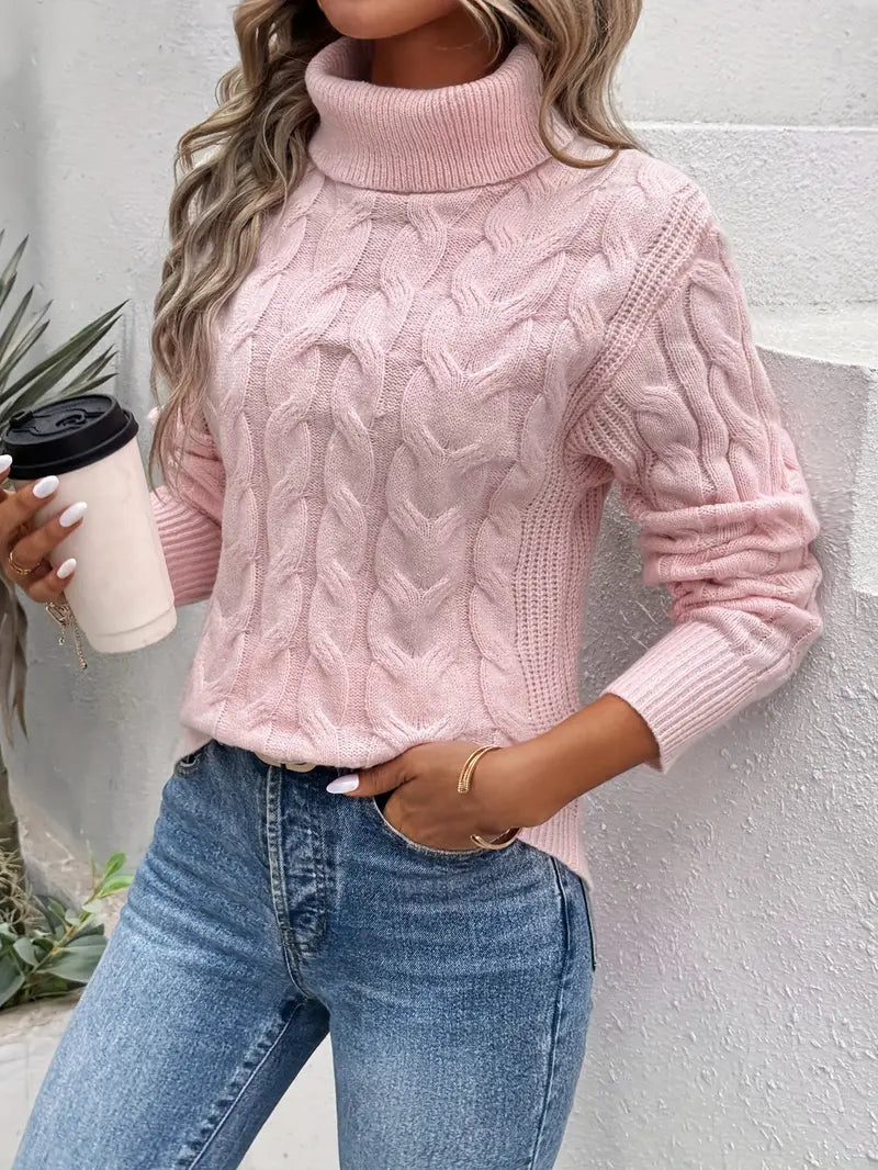 Women's Cable Knit Turtleneck Sweater in Pink
