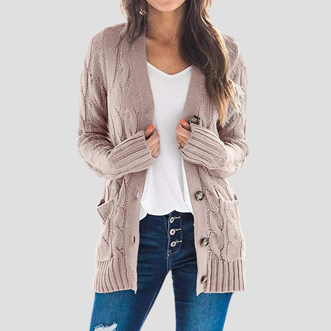 Women's Cable Knit V-Neck Cardigan in Grey