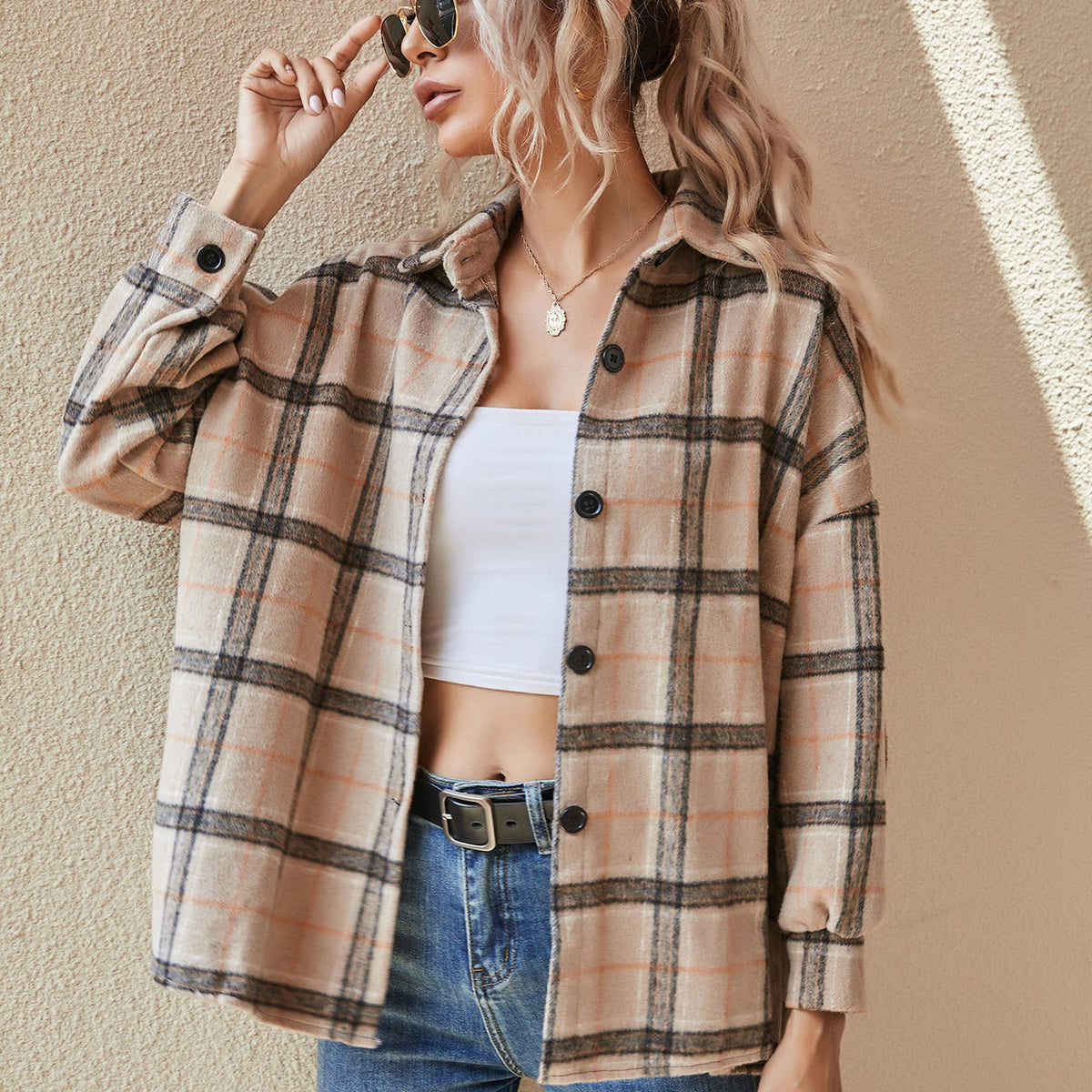 Women's Check Flannel Shacket in Beige Check