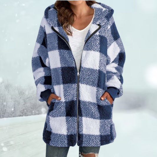 Women's Checked Teddy Winter Jacket in Blue