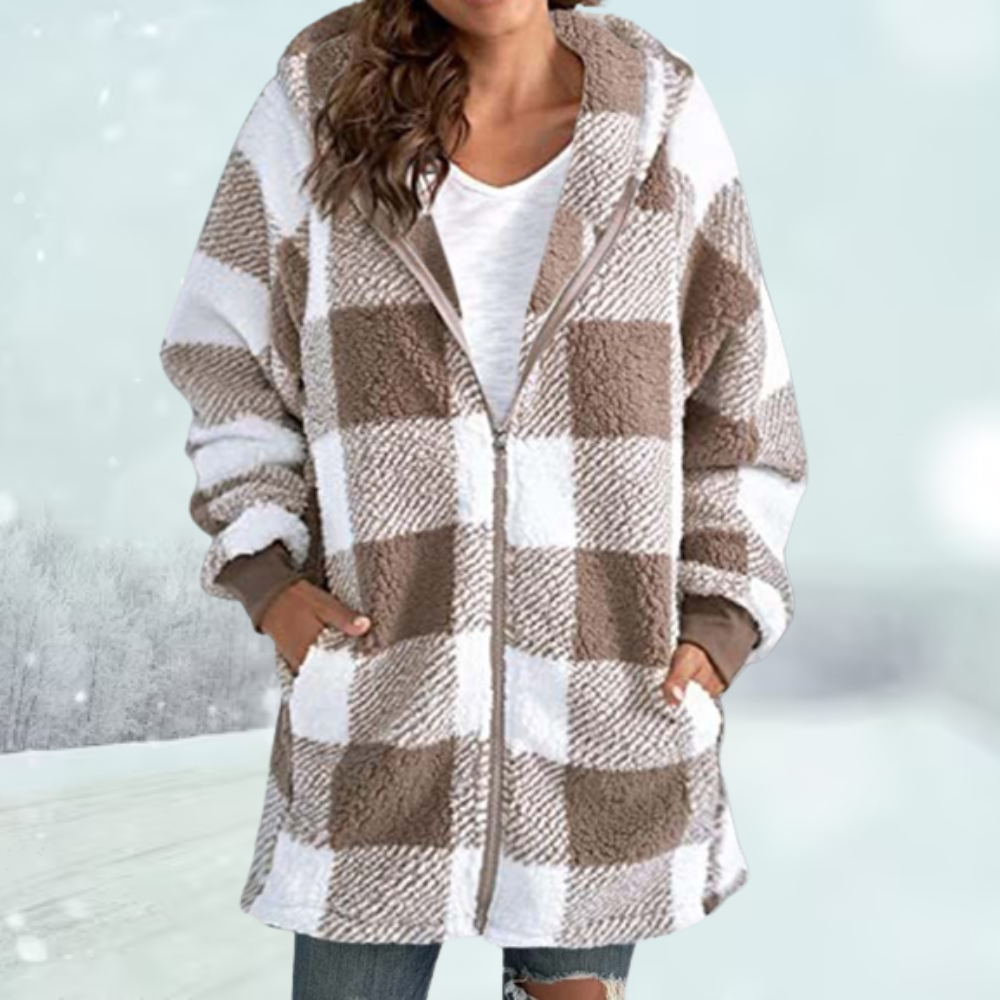 Women's Checked Teddy Winter Jacket in Khaki
