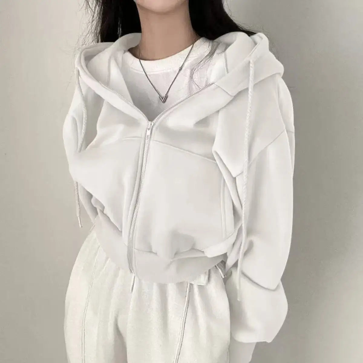 Women's Cropped Zip Up Hoodie in White