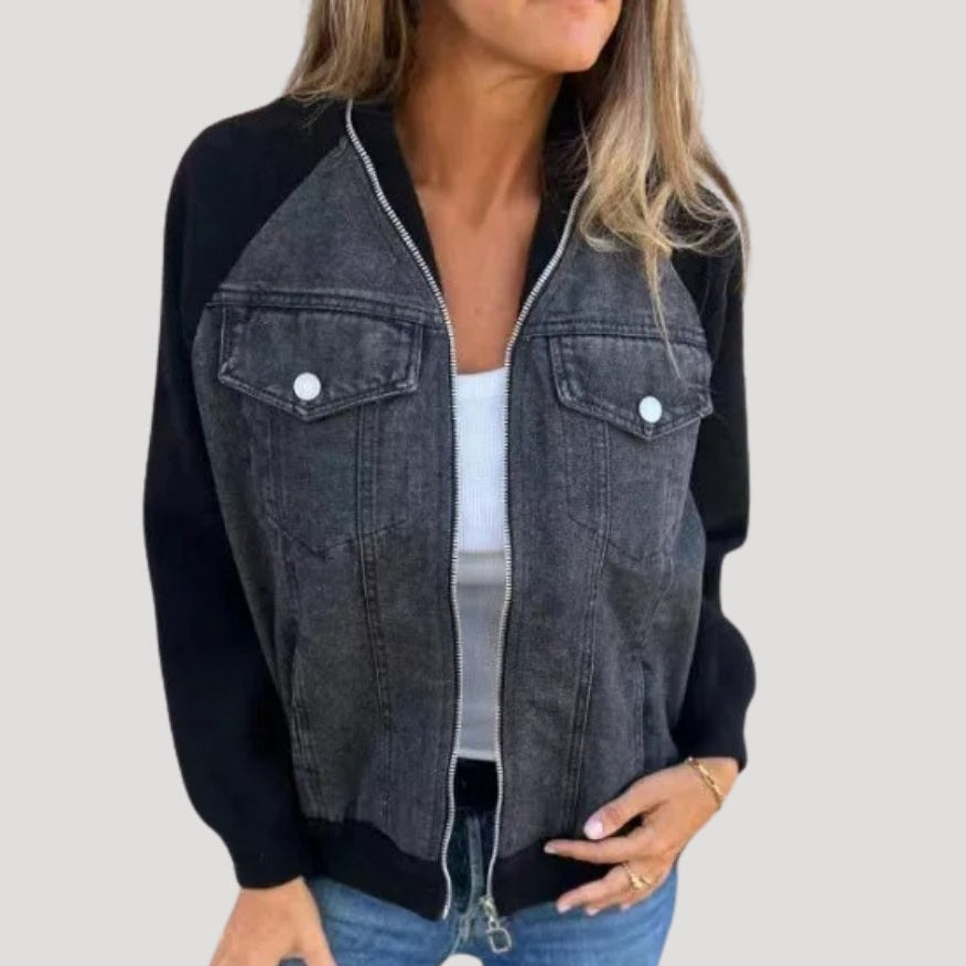 Women's Denim Bomber Jacket in Dark Grey