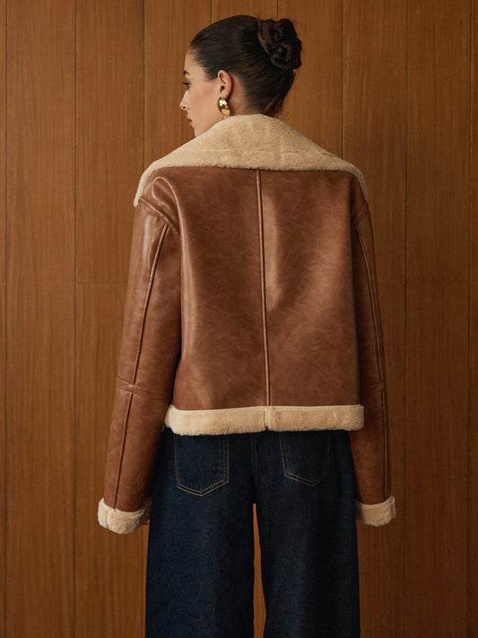 Women's Faux Leather Aviator Jacket