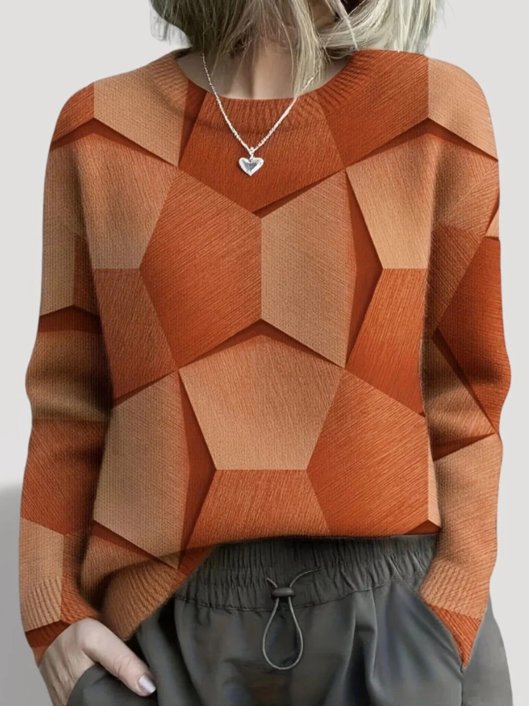 Women's Geometric Print Knit Sweater in Orange