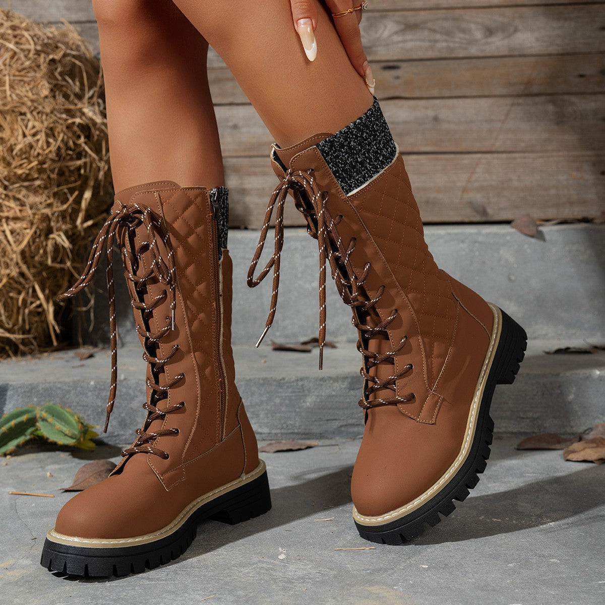 Women's Lace Up Knee High Winter Boots in Tan