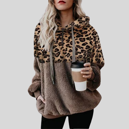 Women's Leopard Plush Hoodie in Brown