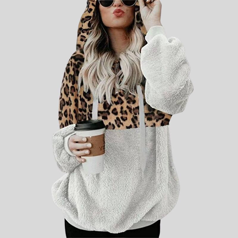 Women's Leopard Teddy Hoodie in White