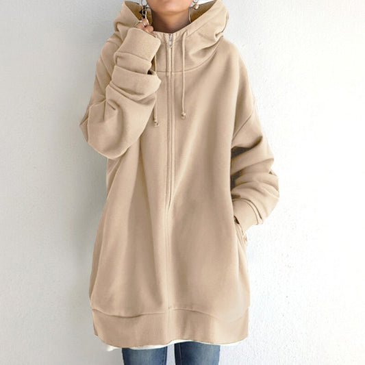 Women's Longline Fleece Hoodie in Beige