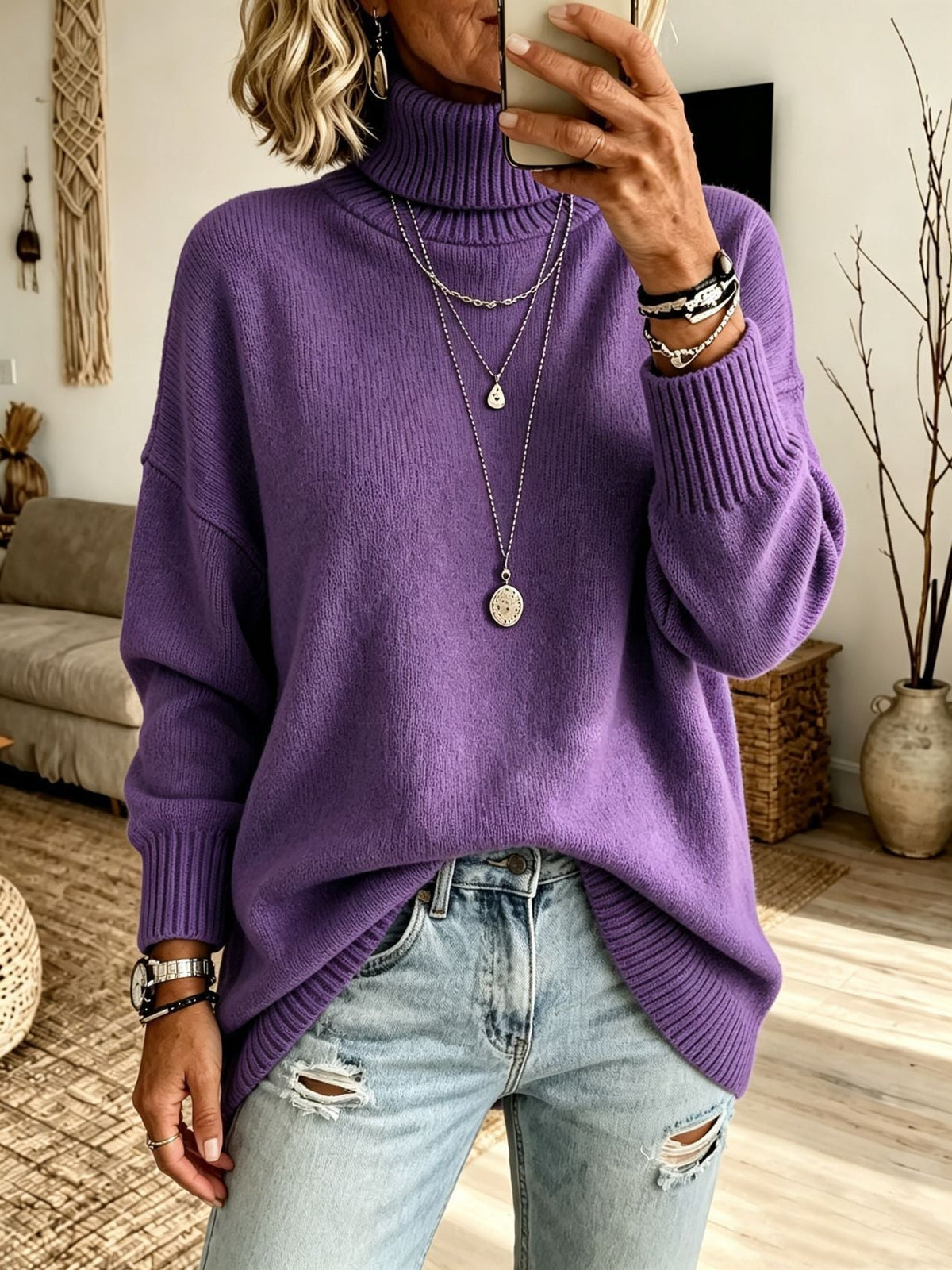 Women's Longline Turtleneck Sweater in Purple