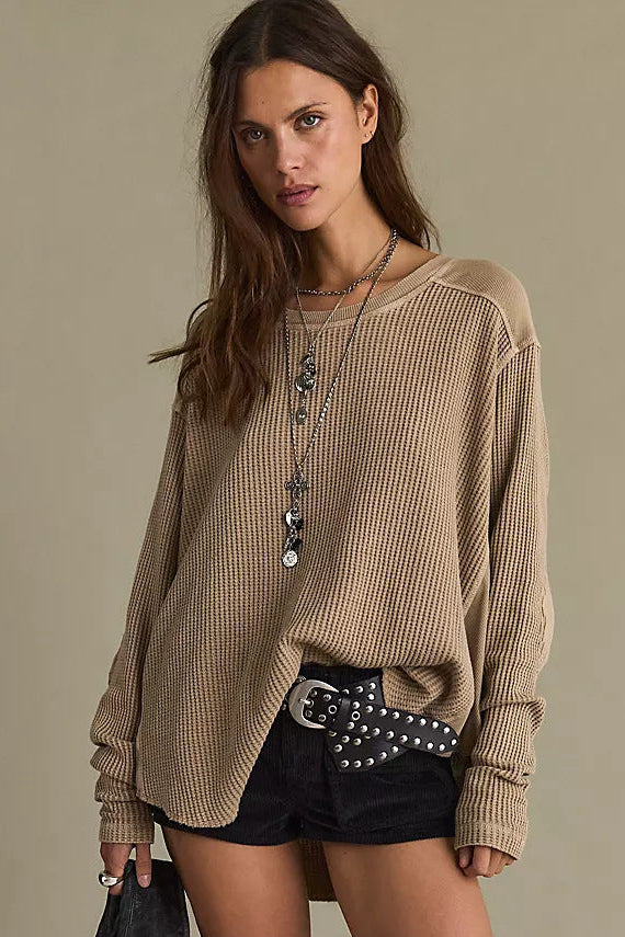 Women's Oversized Waffle Knit Sweater in Taupe