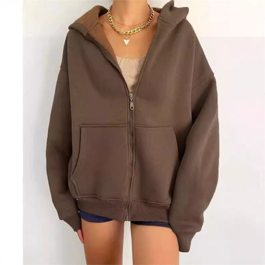 Women's Patch Pocket Zip Hoodie in Coffee Brown