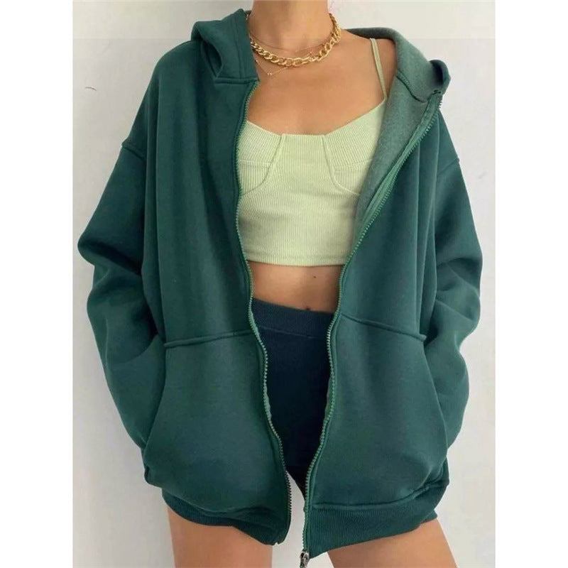 Women's Patch Pocket Zip Hoodie in Dark Green