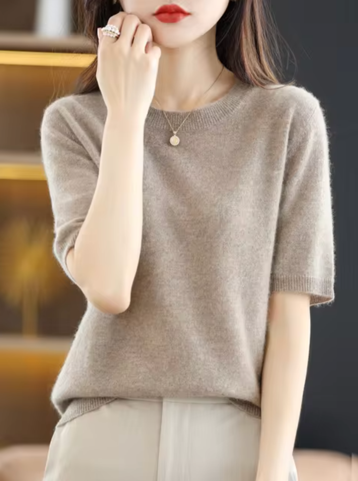 Women's Short Sleeve Knit Top in Taupe