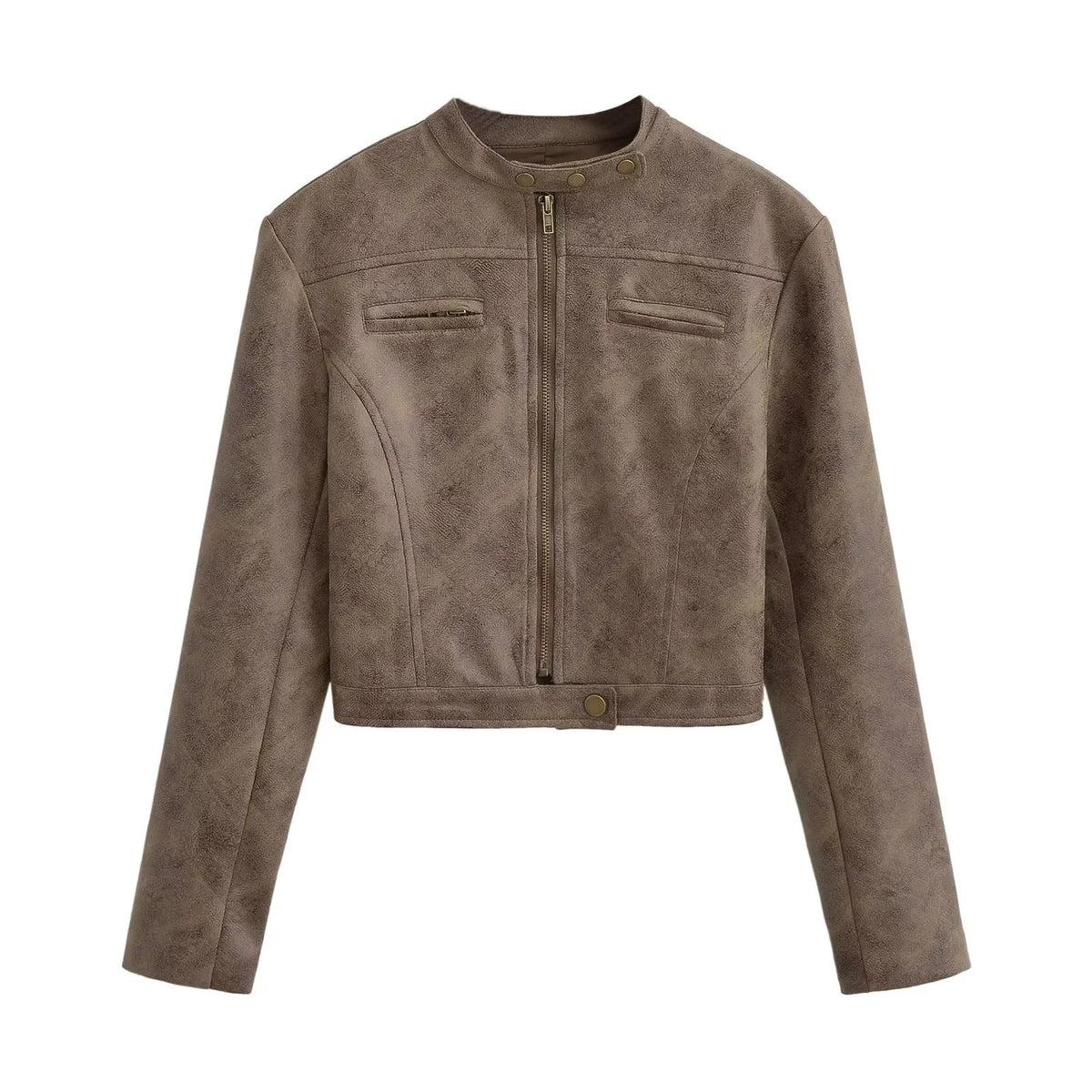 Women's Snap Collar Faux Leather Jacket in Taupe Brown
