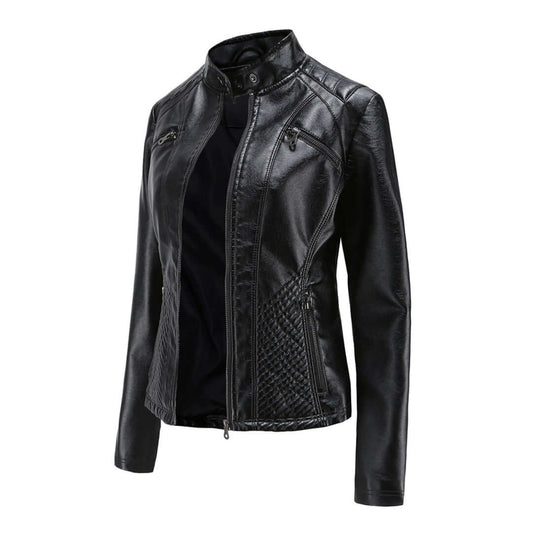 Women's Stand Collar Faux Leather Jacket in Black