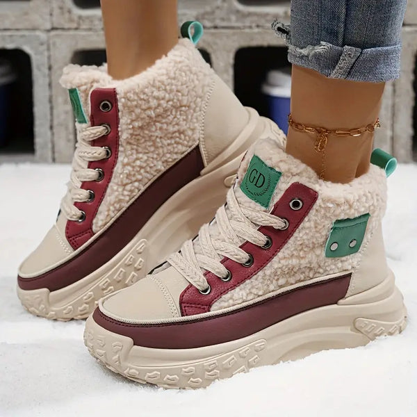 Women's Teddy Panel Platform Winter Boots in Beige & Burgundy