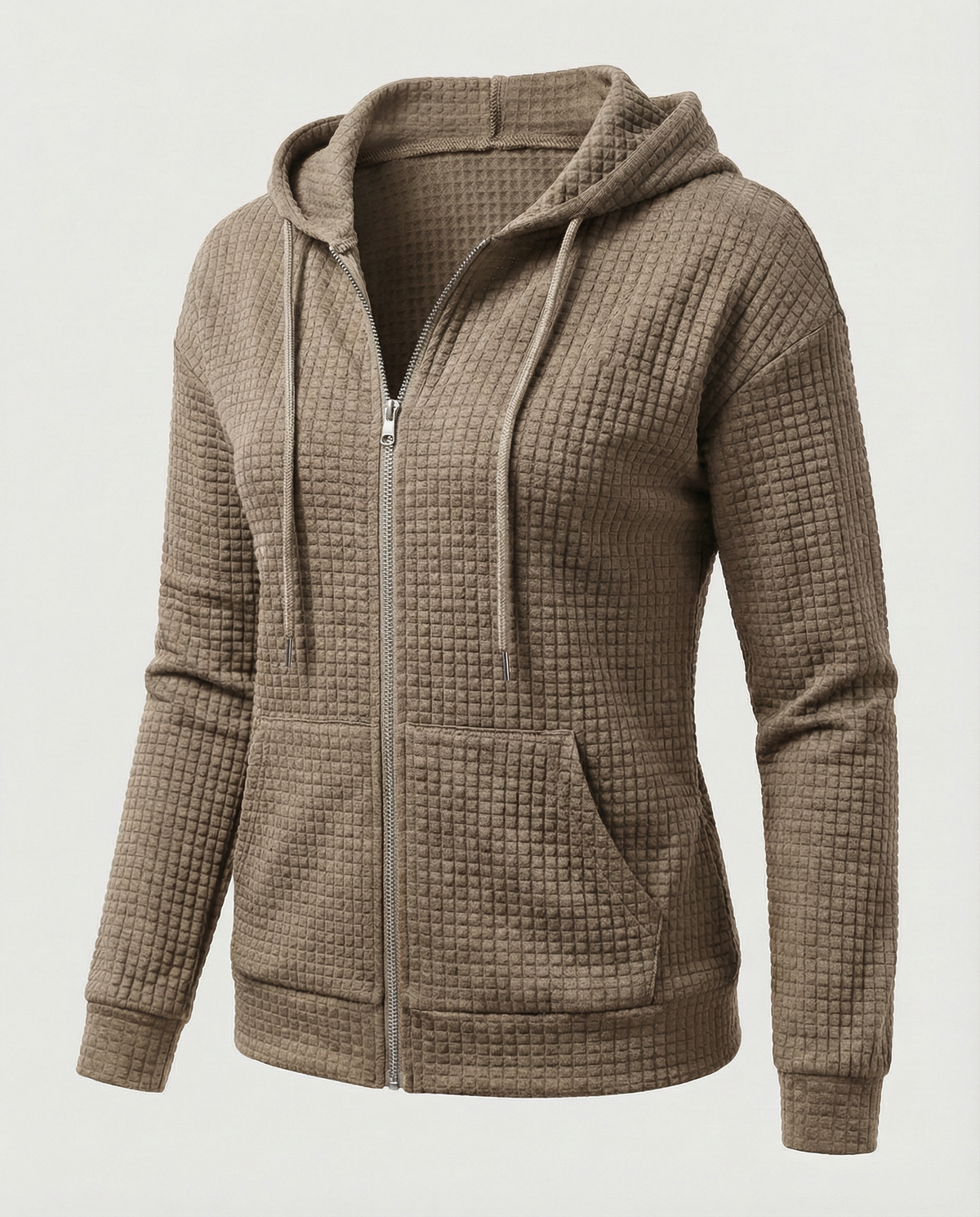 Women's Waffle Knit Zip Hoodie in Khaki
