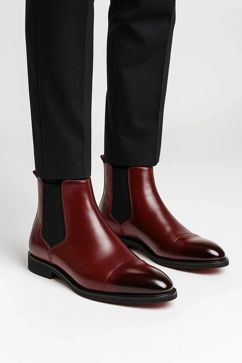 Men's burgundy cap toe Chelsea boots