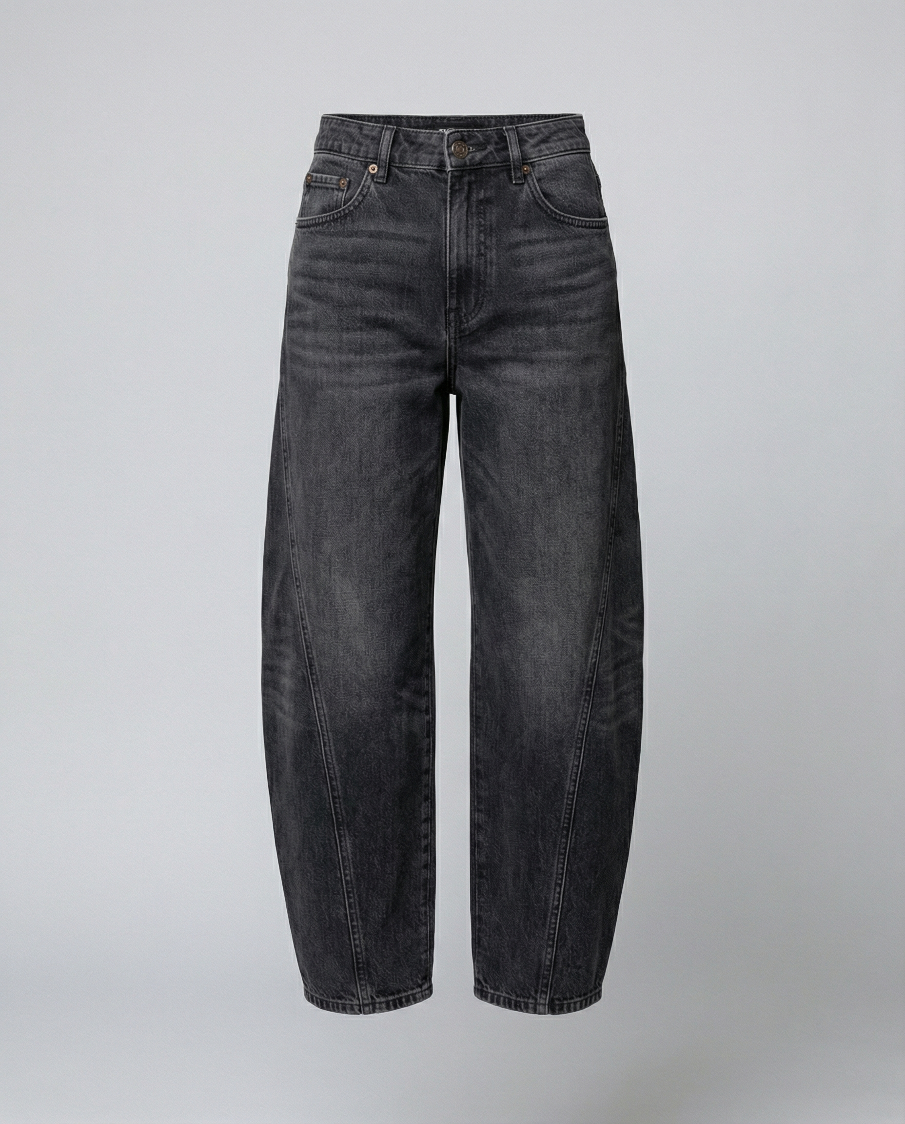 Blue barrel leg jeans with a mid rise waist and rounded slightly flared leg