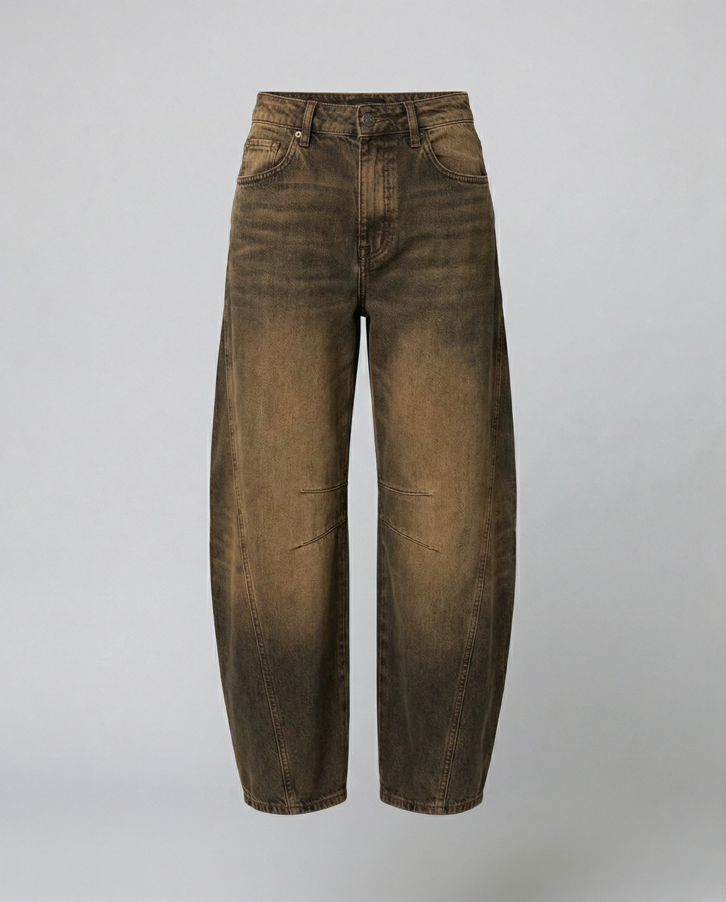 Blue barrel leg jeans with a mid rise waist and rounded slightly flared leg