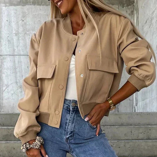 Beige casual bomber jacket with long sleeves and side pockets in a smooth finish