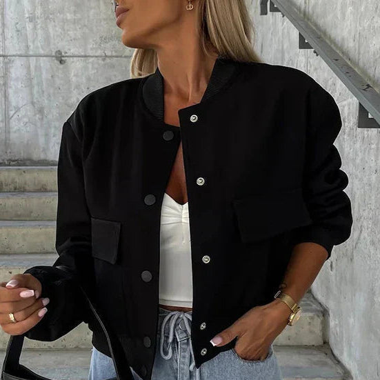 Beige casual bomber jacket with long sleeves and side pockets in a smooth finish