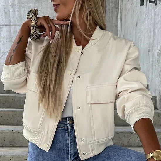 Beige casual bomber jacket with long sleeves and side pockets in a smooth finish