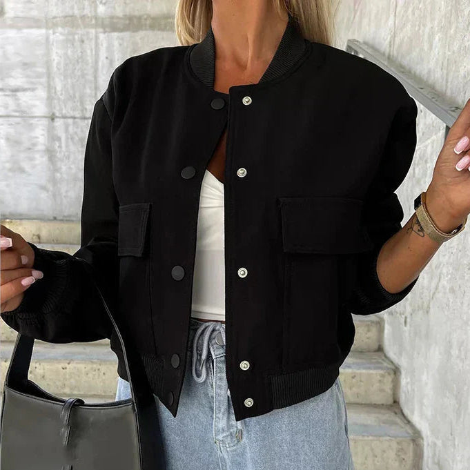 Beige casual bomber jacket with long sleeves and side pockets in a smooth finish