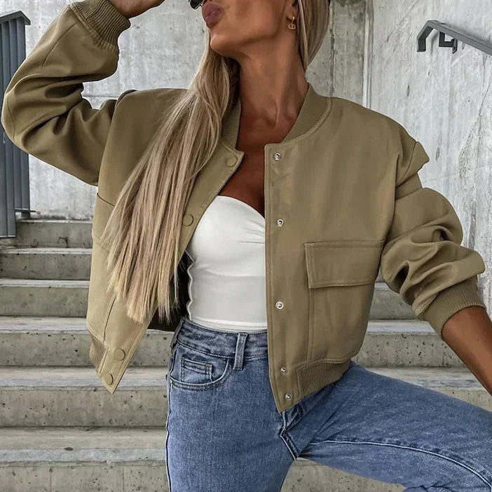 Beige casual bomber jacket with long sleeves and side pockets in a smooth finish