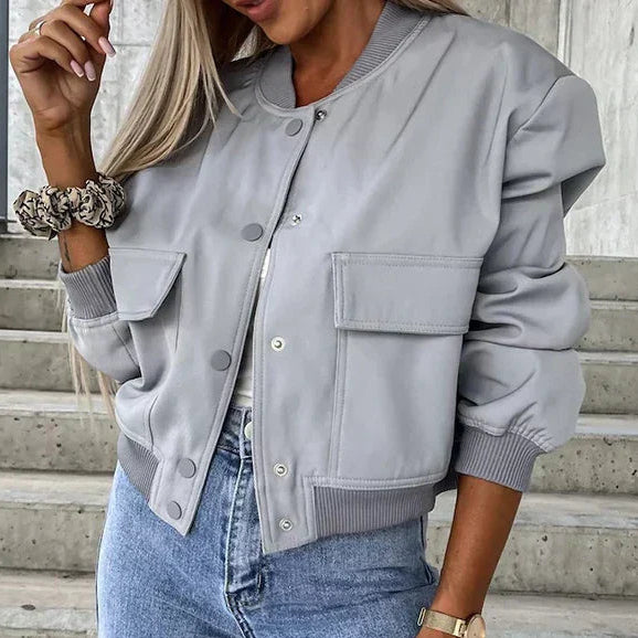 Beige casual bomber jacket with long sleeves and side pockets in a smooth finish