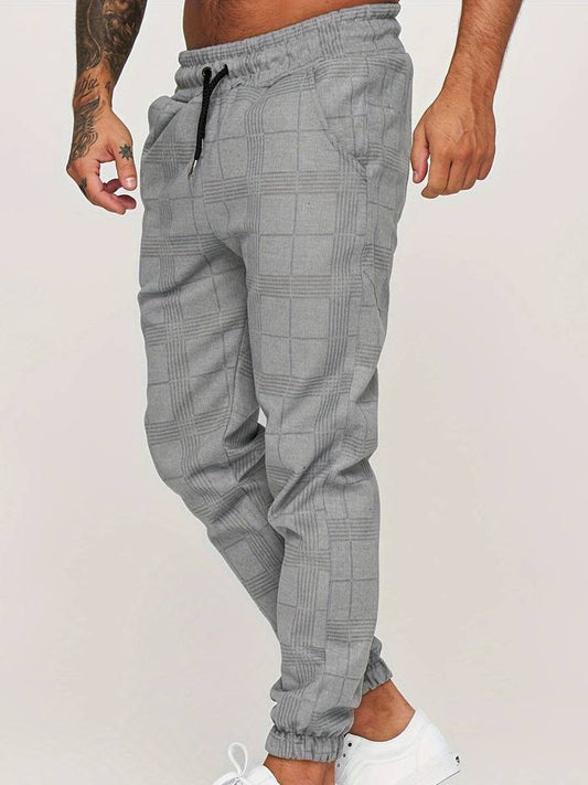 Men's grey checked texture joggers with elasticated waist and straight leg