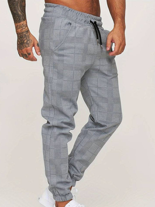 Men's grey checked texture joggers with elasticated waist and straight leg