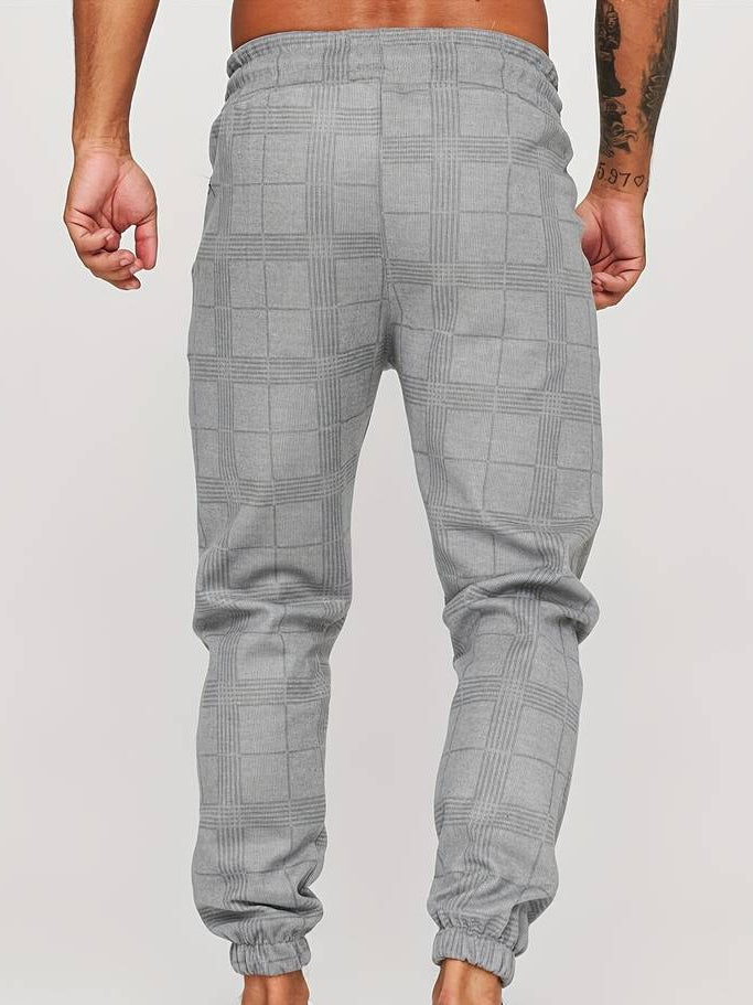 Men's grey checked texture joggers with elasticated waist and straight leg