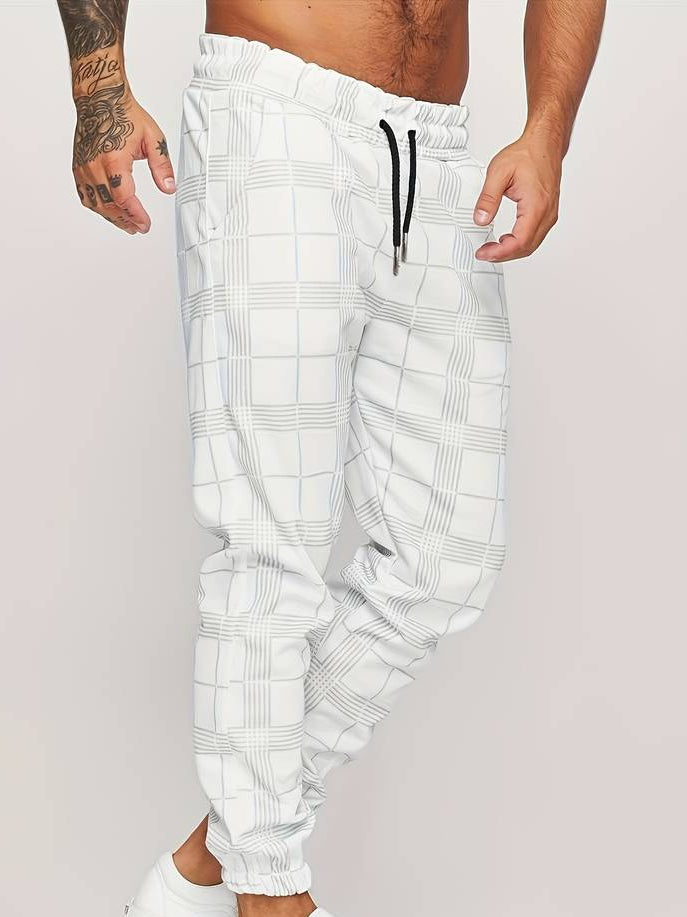 Men's grey checked texture joggers with elasticated waist and straight leg