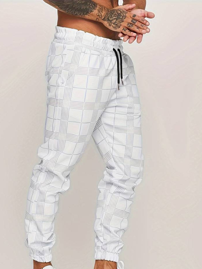 Men's grey checked texture joggers with elasticated waist and straight leg